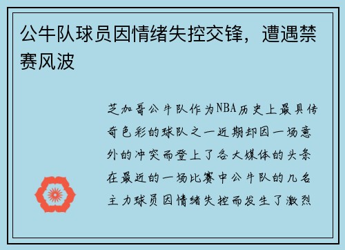 公牛队球员因情绪失控交锋，遭遇禁赛风波
