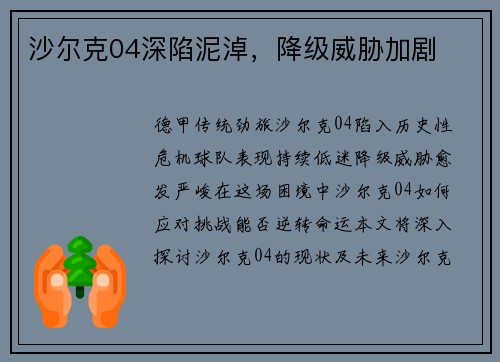 沙尔克04深陷泥淖，降级威胁加剧