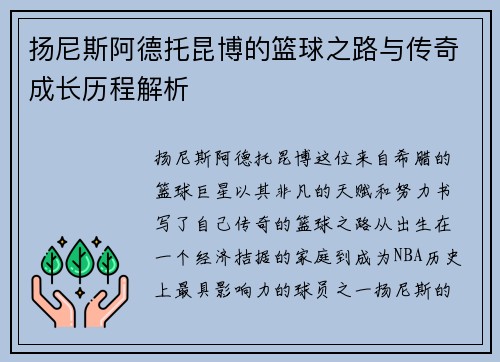 扬尼斯阿德托昆博的篮球之路与传奇成长历程解析